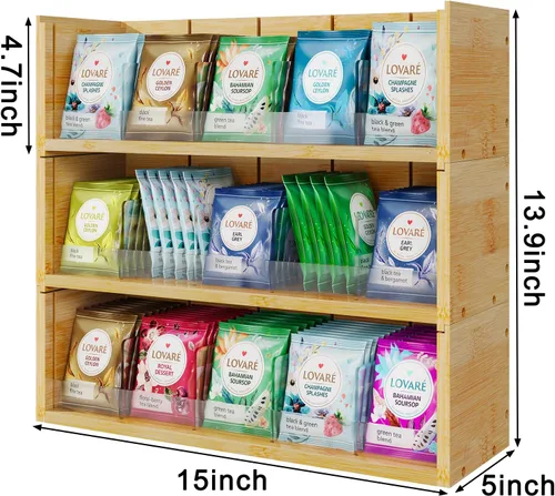 Vista 9 de X-cosrack Caja de almacenamiento organizadora de bolsas de té de bambú, caja de té apilable de 3 niveles, madera natural, cofres de té de montaje