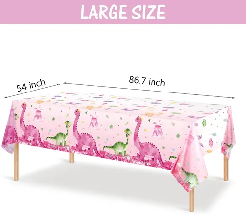 Vista 2 de Irenare 3 manteles de dinosaurio rosa para niñas, fundas de mesa rectangulares desechables de plástico con estampado de dinosaurios para niñas