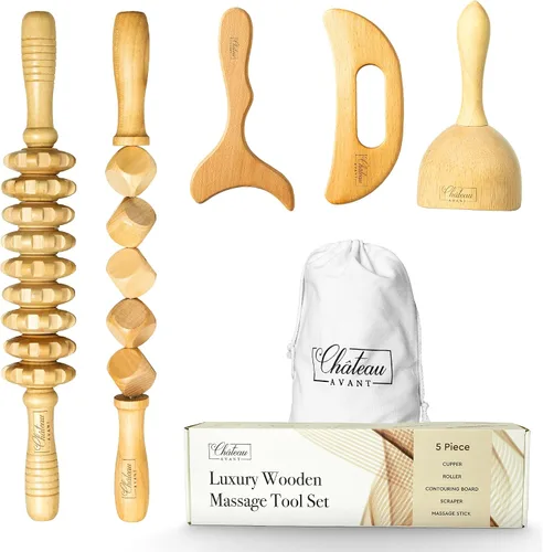 Vista 9 de Set de Herramientas de Masaje de Madera de Lujo Château Avant, Kit de 5 Piezas para Drenaje Linfático y Escultura – Ventosa, Rodillo, Tabla