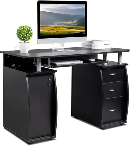 Vista 12 de Karl home Escritorio para ordenador de estudio y escritura, mesa para PC y portátil de madera para oficina en casa con estante de cajón, bandeja