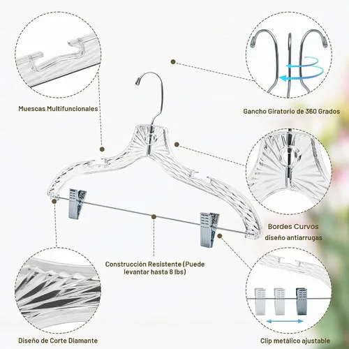 Vista 3 de Perchas de plástico transparente de calidad para faldas, paquete de 12 piezas con corte de cristal para faldas, pantalones, vestidos, trajes Crystal