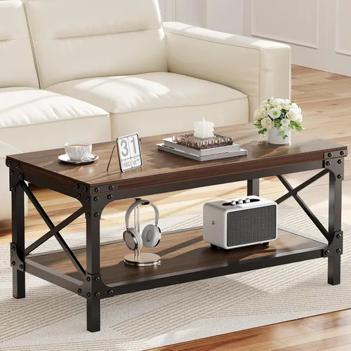 Vista 11 de Mesa de café rectangular para sala de estar, mesa de café rectangular de madera, mesa central industrial moderna de 2 niveles con tablero engrosado