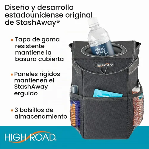 Vista 2 de High Road StashAway - Bote de basura resistente de servicio pesado para automóvil con tapa de goma, 3 bolsillos de almacenamiento y paneles Negro