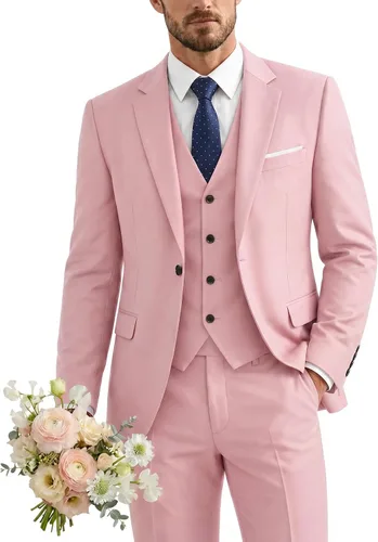 Vista 44 de Traje de 3 piezas para hombre con corbata, chaleco sólido de un botón y beige (529-beige)