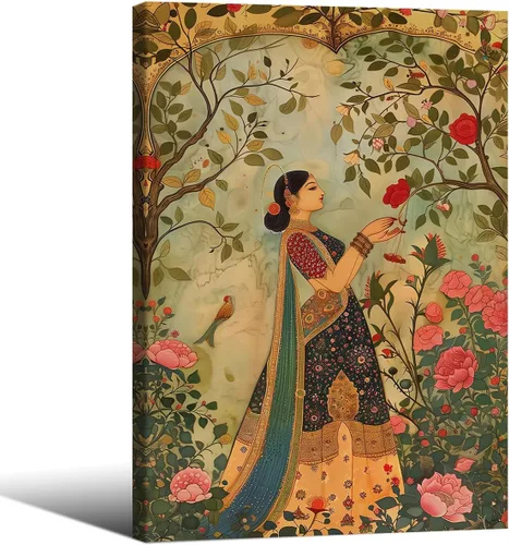 Vista 23 de Haitunone Arte de pared de mujer india paquistaní tradicional, póster de pintura floral feminista estilo mogol, impresiones en lienzo para sala