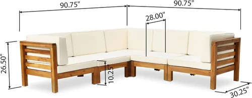 Vista 3 de GDFStudio Juego de sofá seccional en forma de V para exteriores, 5 plazas, madera de acacia, cojines para exteriores, teca y beige