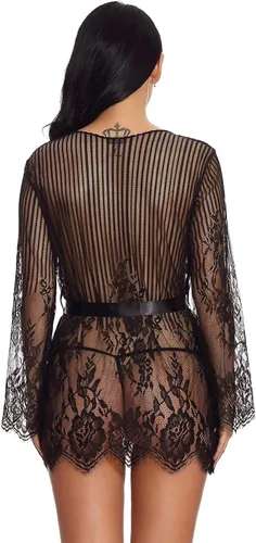 Vista 5 de Lencería para mujer encaje en V con bragas peluche sexy babydoll ropa de dormir profunda talla grande lencería para mujer corsé 5X negro XL