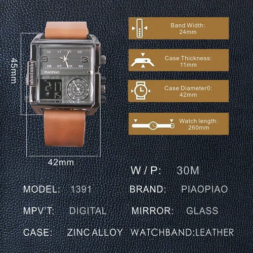 Vista 5 de Reloj de pulsera digital cuadrado unisex, reloj de cuarzo de cara grande LED, reloj automático analógico con cronómetro impermeable con zona