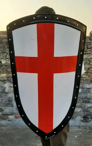 Vista 2 de Escudo medieval de caballero de la Cruz Roja, escudo de guerrero templario de 30 pulgadas, calibre 18, escudo de armadura para cosplay, juego