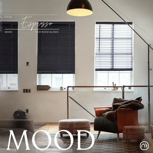 Vista 2 de MOOD Persianas arquitectónicas de madera sintética para ventana, color marrón oscuro de 2 pulgadas, persianas de madera Expresso de 18 pulgadas