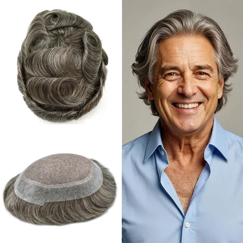 Vista 55 de Toupee para hombres Piezas de pelo fino mono para hombre Toupee sistema de reemplazo de pelo para hombres línea capilar natural para hombre postizo