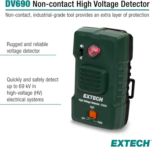 Vista 2 de Extech DV690 Detector de alto voltaje sin contacto, hasta 69 kV 100V-69kV CA, alarma de 106dB, LED rojo, 5 opciones de montaje, IP54, prueba