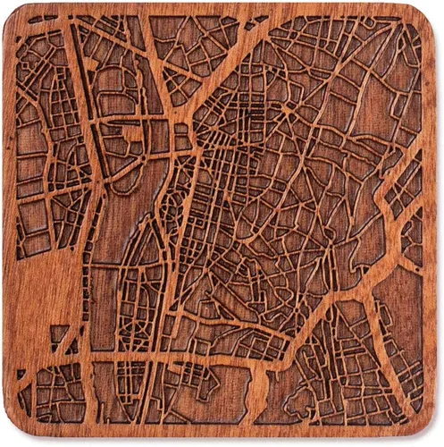 Vista 160 de Posavasos Amsterdam Map by O3 Design Studio, 1 pieza, posavasos de madera Sapele con mapa de la ciudad, hecho a mano, varias ciudades opcionales