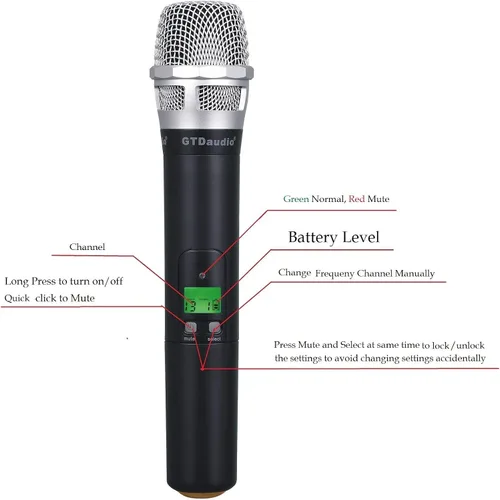 Vista 4 de GTDaudio 4x800 Canales Ajustables UHF Diversidad Micrófono Inalámbrico de Mano Sistema de Micrófono Ideal para Iglesia, Karaoke, Fiesta de DJ