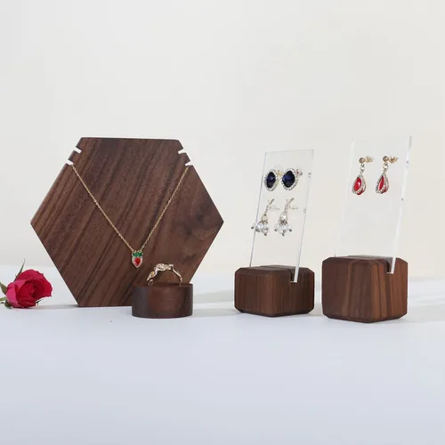 Vista 3 de GemeShou Soportes de exhibición de pendientes de madera de nogal para espectáculos, soporte de aretes acrílico para vender joyas, pequeños soportes
