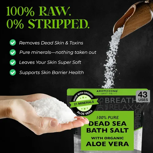 Vista 2 de Aromasong Sal del Mar Muerto con aloe vera orgánico, sales de baño de spa, paquete resellable fino a granel de 19 libras, 100% pura y natural