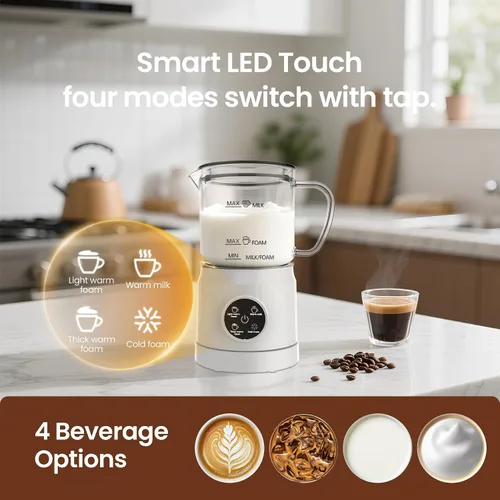 Vista 4 de Casimhu Espumador de Leche 4 en 1, Espumador de Leche Eléctrico y Vaporizador con Pantalla Táctil LED, Fondo Forrado de Cerámica, Calentador
