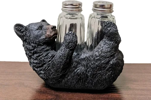 Vista 8 de Juego de saleros y pimenteros rústicos de oso negro en la parte posterior, accesorio decorativo de resina y vidrio para mesa de cocina, decoración