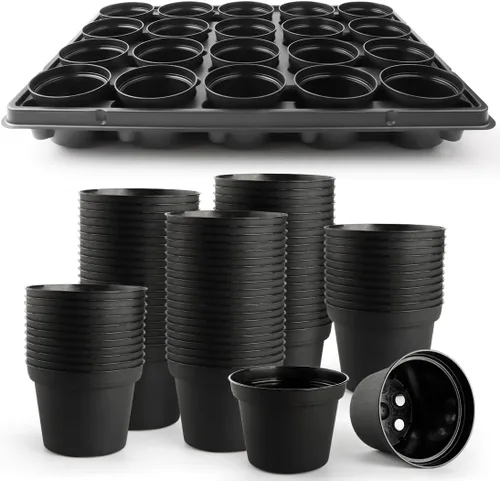 Vista 22 de RooTrimmer Macetas de turba de 3.15 pulgadas, 100 piezas con bandejas de plántulas de 20 celdas, 5 unidades, macetas biodegradables para inicio