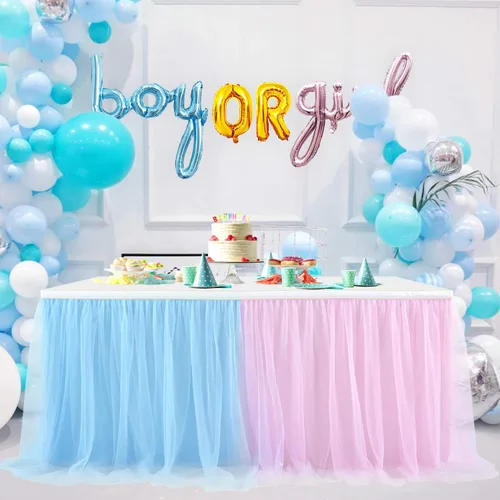 Vista 17 de Suppromo Pack de 2 faldas de mesa de tul azul de 6 pies para mesas rectangulares o redondas, mantel de tul azul para baby shower, cumpleaños