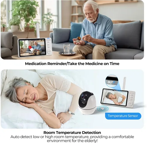 Vista 6 de Monitor de ancianos con cámara y audio, monitores de bebé de conversación bidireccional para cuidado de ancianos, botón de llamada, cámara
