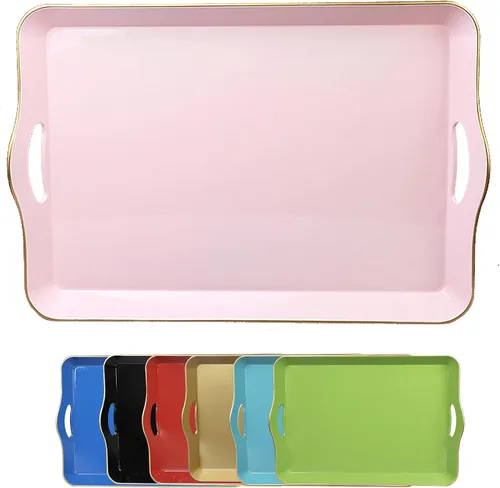 Vista 14 de Bandeja decorativa redonda azul con asas, bandeja de servir elegante de 13" para mesa de café, estilo otomano para sala de estar, baño, exteriores