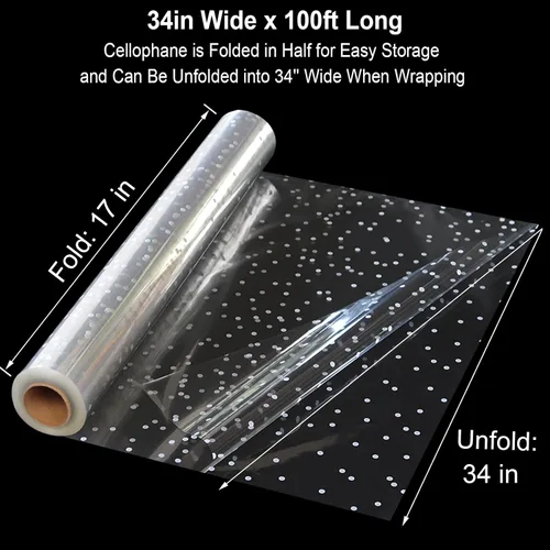 Vista 2 de Rollo de celofán transparente extra ancho de 100 pies x 34 pulgadas con punto blanco irregular, rollo de celofán más grueso transparente, cestas