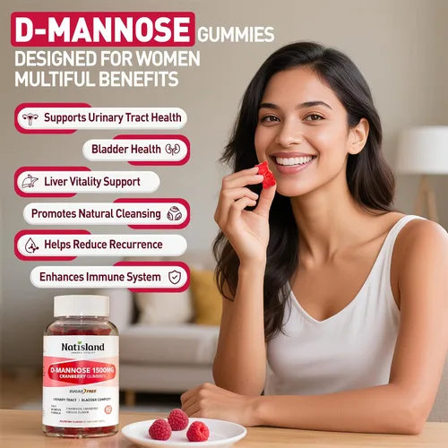 Vista 5 de D Manosa con gomitas de arándano, suplementos de D-manosa de 1500 mg para mujeres, con hibisco para la salud del tracto urinario, vejiga, soporte