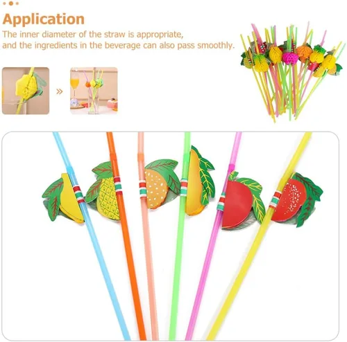 Vista 5 de Kichvoe Paquete de 60 pajitas de fiesta con temática hawaiana, agitadores de bebidas en forma de fruta para niños y niñas, pajitas de plástico