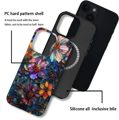 Vista 2 de Funda compatible con iPhone 13, compatible con MagSafe, funda híbrida de 2 capas con prevención de caídas brillante para niñas y niños, arte floral