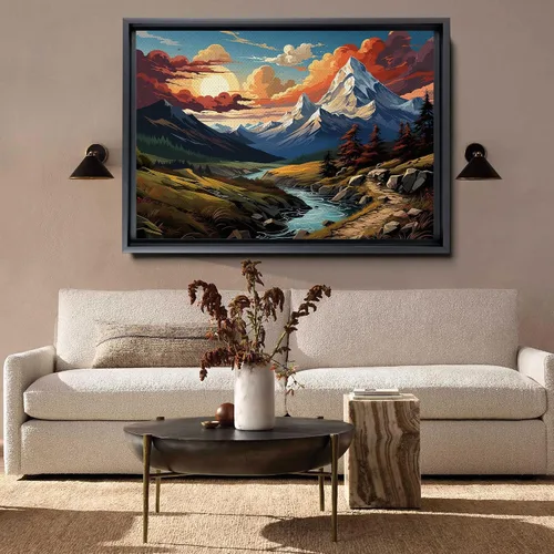 Vista 2 de Watercolor Panoramic Landscape Canvas Print, Framed Canvas, Colorful Nature Art