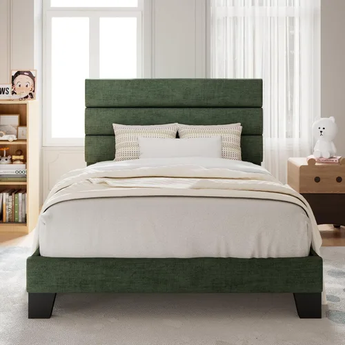 Vista 29 de Allewie Base de cama de plataforma de tamaño individual con cabecera tapizada de tela y soporte de listones de madera, base de colchón totalmente