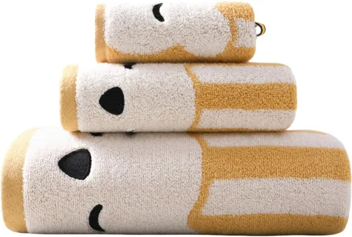 Vista 11 de Juego de 3 toallas de baño de alta calidad para niños (oso travieso), 1 toalla de baño, 1 toalla de mano, 1 toallita, secado rápido, 100% algodón