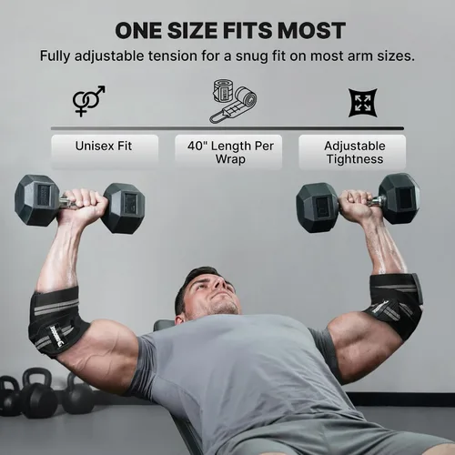 Vista 7 de DMoose Fitness Elbow Wraps for Weightlifting (Pair) - 40'' Adjustable Strap for Gym Workout & Bench Press, Compression Elbow Sleeves for Tendonitis