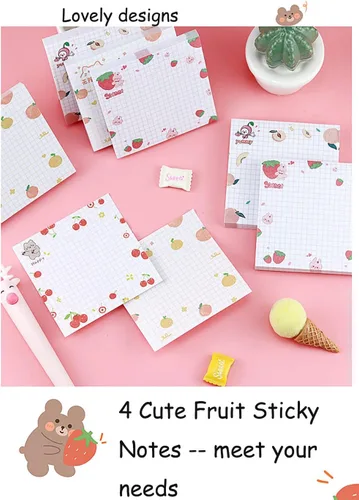 Vista 4 de 4 paquetes de notas adhesivas bonitas Notas adhesivas kawaii para memos, 3.1x3.1 pulgadas, notas adhesivas coloridas con frutas para niñas
