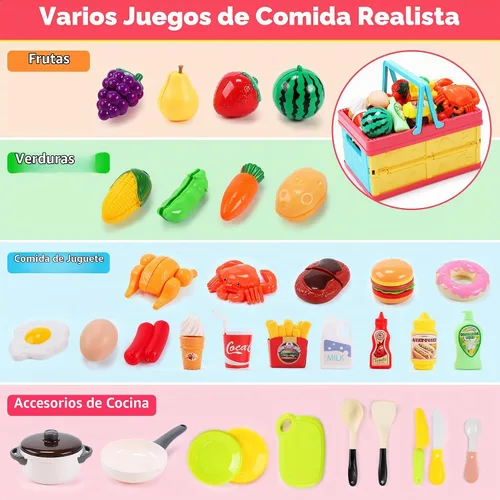 Vista 2 de HOLYFUN - Juego de juguetes de comida con cesta de la compra y frutas para cortar Includes toy pots, pans, plastic dishes and realistic food
