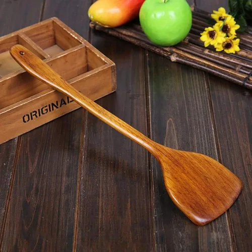 Vista 5 de Espátula antiadherente de madera larga, herramientas antiadherentes para sartén de mano Wok, utensilios de cocina (A)