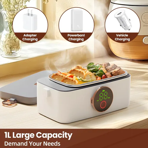 Vista 4 de xeamun Fiambrera eléctrica inalámbrica para hombres y adultos, calentador de alimentos portátil y autocalentable, contenedor SS de 1 litro, perfecto
