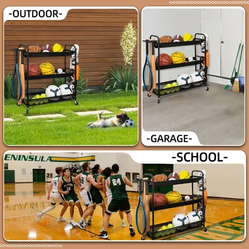 Vista 7 de STORAGE MANIAC - Soporte de entrenamiento de 3 estantes con ruedas Sports Ball Cart with Hooks, Rolling Ball Basket Storage for Garage or Gym
