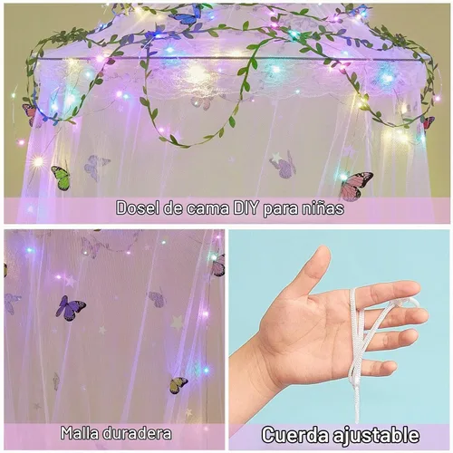 Vista 7 de FIOBEE Toldo de Cama para Habitación de Niñas, Cortinas de Dosel con Luces LED, Mosquitero con Red de Malla, Decoración DIY de Habitación