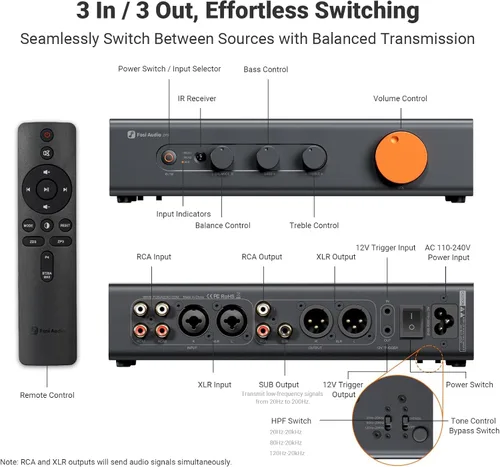 Vista 3 de Fosi Audio ZP3 Preamplificador Balanceado para Audio Doméstico, 2 Entradas RCA y 1 XLR, Salidas RCA/XLR y Sub-Out, Preamplificador para Estéreo de 2