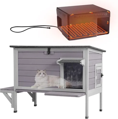 Vista 10 de Casa climatizada para gatos al aire libre con forro aislante, refugio impermeable para gatos Solid Fir Timber Stray Kitty Habitat With Removable