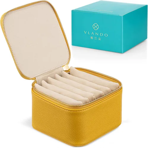 Vista 9 de Vlando Joyero de viaje, pequeña bolsa de joyería con 6 bolsillos de terciopelo con cremallera, organizador de joyería de piel sintética para mujeres
