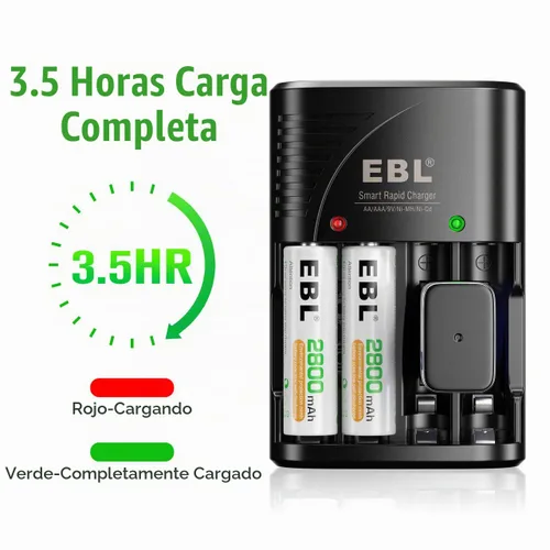 Vista 2 de EBL Paquete de 4 baterías AA recargables, batería doble A precargada de 2800 mAh y cargador de batería AA AAA con enchufe de pared plegable