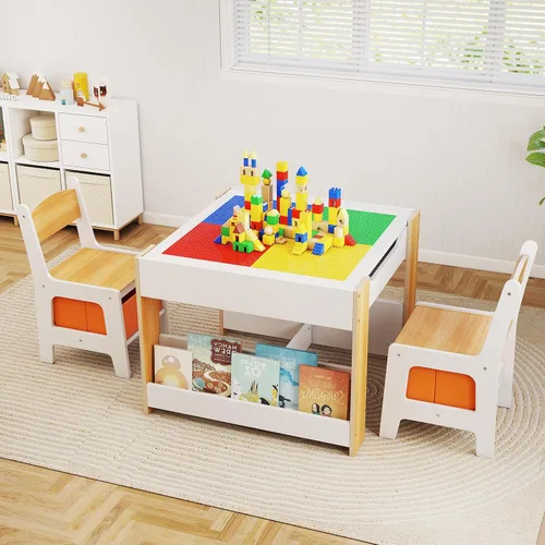 Vista 9 de INFANS Juego de Mesa y Silla para Niños, Escritorio de Actividades de Madera de Bloques de Construcción 4 en 1 con Superficie Reversible, Cajones
