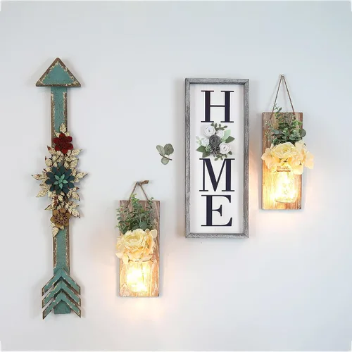 Vista 15 de Decoración rústica de madera para colgar en la pared con tira de luces LED para sala de estar y dormitorio modernos, estilo campestre inspirador