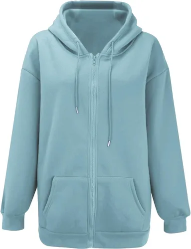 Vista 2 de Sudaderas con capucha con cremallera para mujer, holgadas, casuales, de gran tamaño, con cordón, Y2K con bolsillo, h,celeste