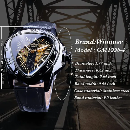Vista 5 de Winner Fashion - Reloj de pulsera mecánico triangular de carreras, esfera de esqueleto dorado impermeable, movimiento automático, reloj mecánico