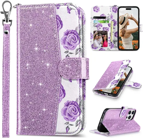 Vista 16 de ULAK Funda tipo cartera compatible con iPhone 15 Pro con tarjetero y diseño de flores, para mujeres y niñas, piel sintética, con función atril
