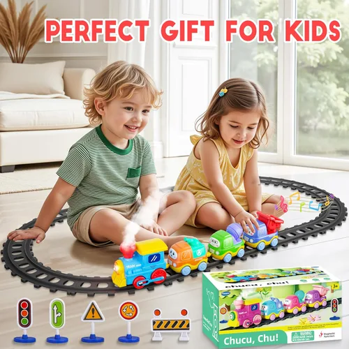 Vista 6 de Juego de Tren de Vapor Funwee para Niños Pequeños, Juguetes de Tren con Conexión Magnética y Luces y Sonidos, Tren Eléctrico de Dibujos Animados